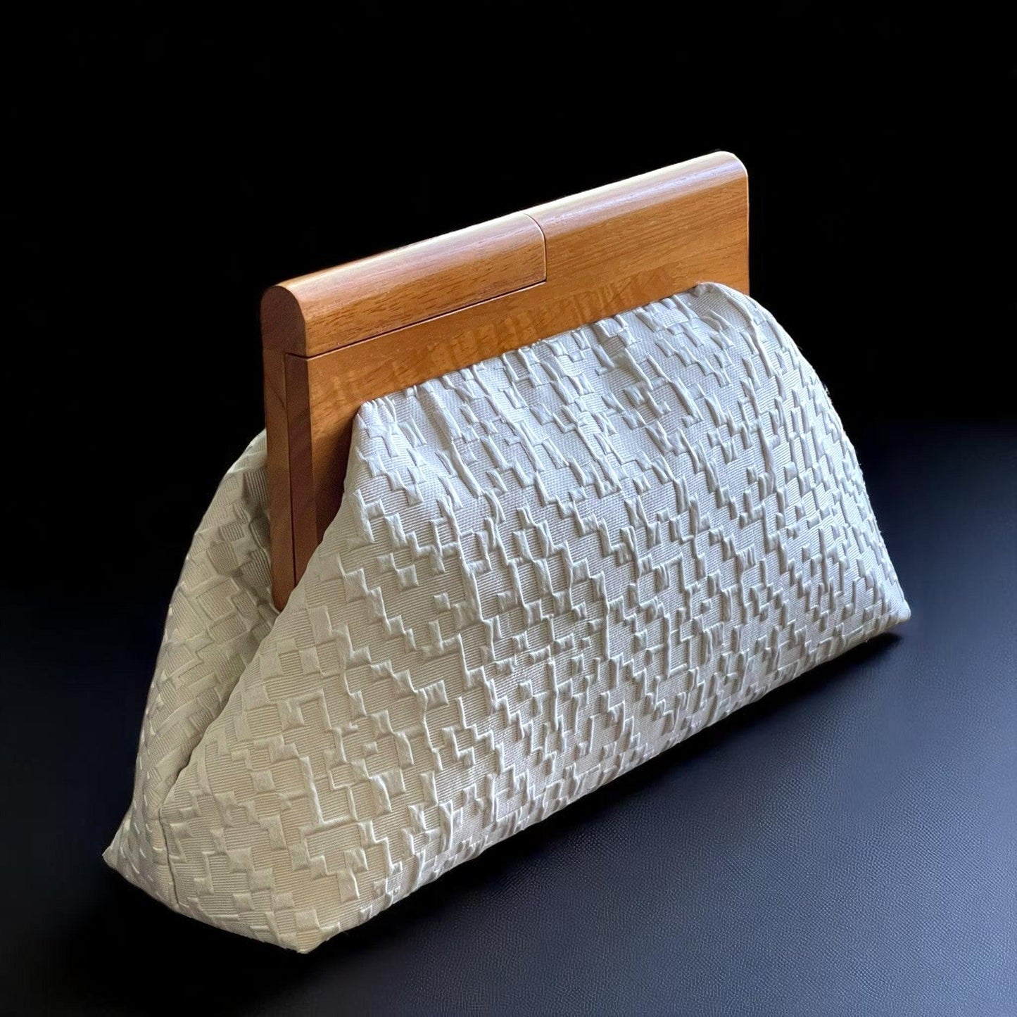 One of a Kind Oversized Wood Frame Woven Ivory Clutch Bag – Minimalist Evening Purse - Glam Duchess