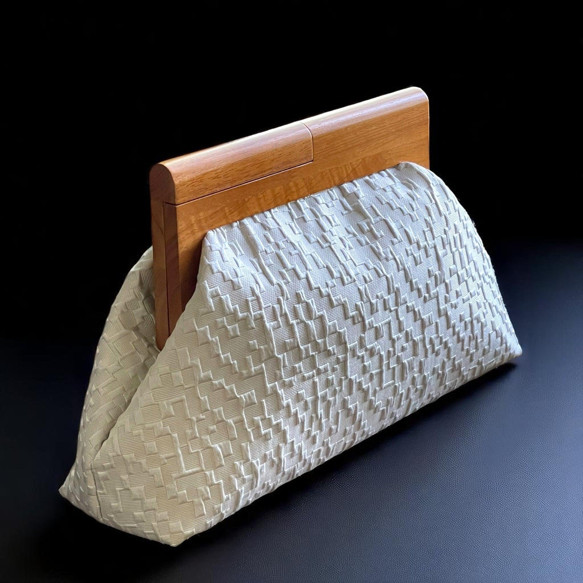 One of a Kind Oversized Wood Frame Woven Ivory Clutch Bag – Minimalist Evening Purse - Glam Duchess