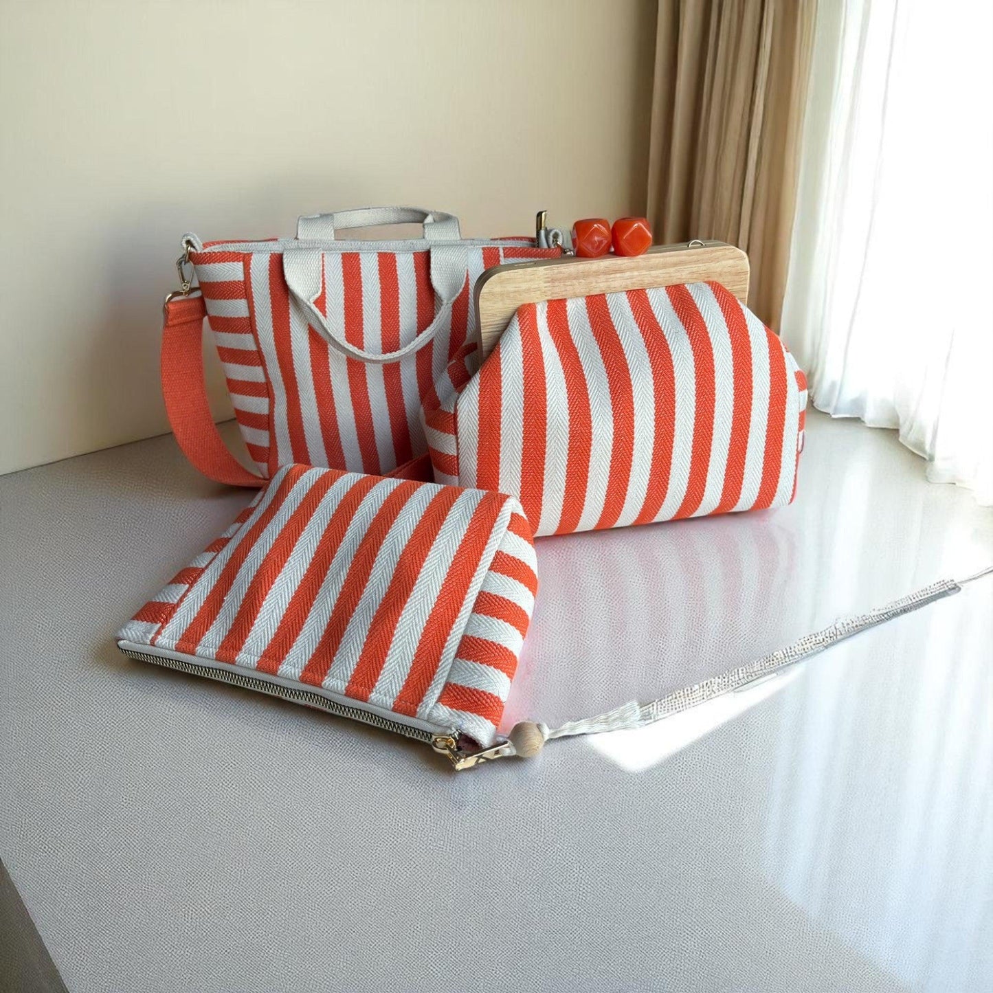 Orange and White Striped Canvas Bag Set, Handmade Tote, Clutch, and Pouch with Wood Frame and Zipper| Summer Travel Set, Hand - Glam Duchess