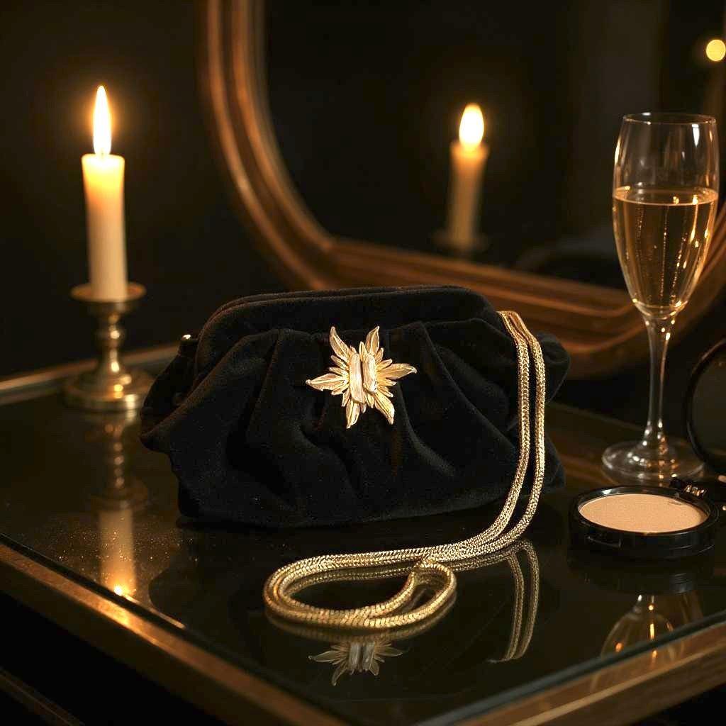 Black Velvet Evening Clutch with Gold Chain & Baroque Pearl Brooch – Elegant Handmade Purse for Weddings, Formal Events – - Glam Duchess