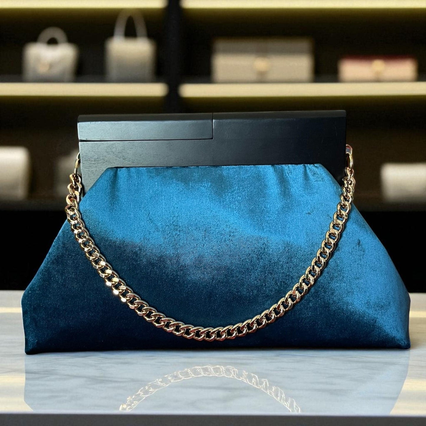 Oversized Turquoise Velvet Clutch Bag with Black Wooden Frame | Luxury Statement Evening Purse | Handmade Soft Suede Bag - Glam Duchess