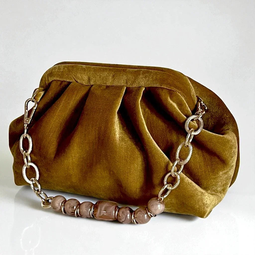 Gold Velvet Clutch Bag | Vintage-Inspired Evening Purse | Soft Pleated Fabric Handbag | Elegant Formal Party Bag - Glam Duchess