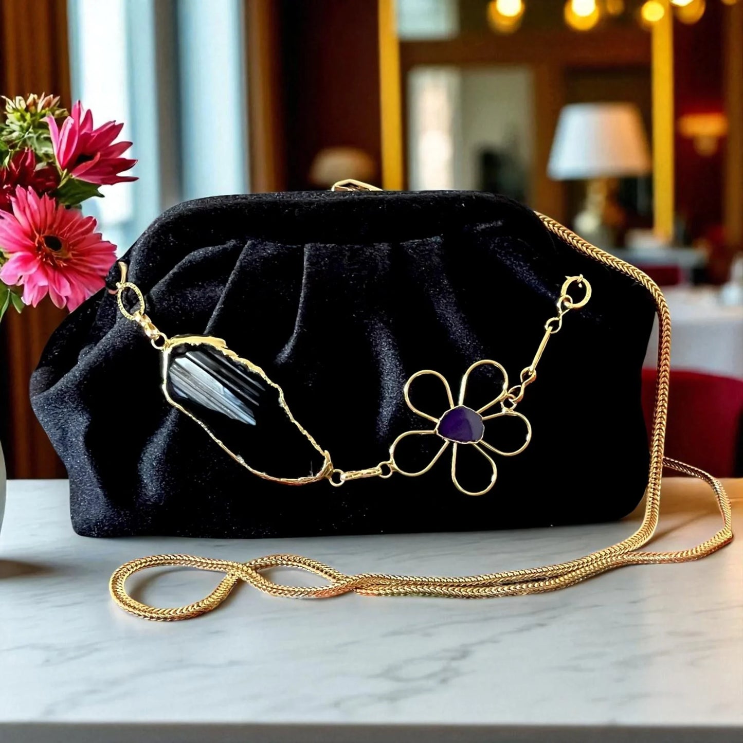 Black Velvet Evening Clutch with Gold Chain & Gold Plated Gemstone Floral Accent, Elegant Handmade Purse for Weddings - Glam Duchess