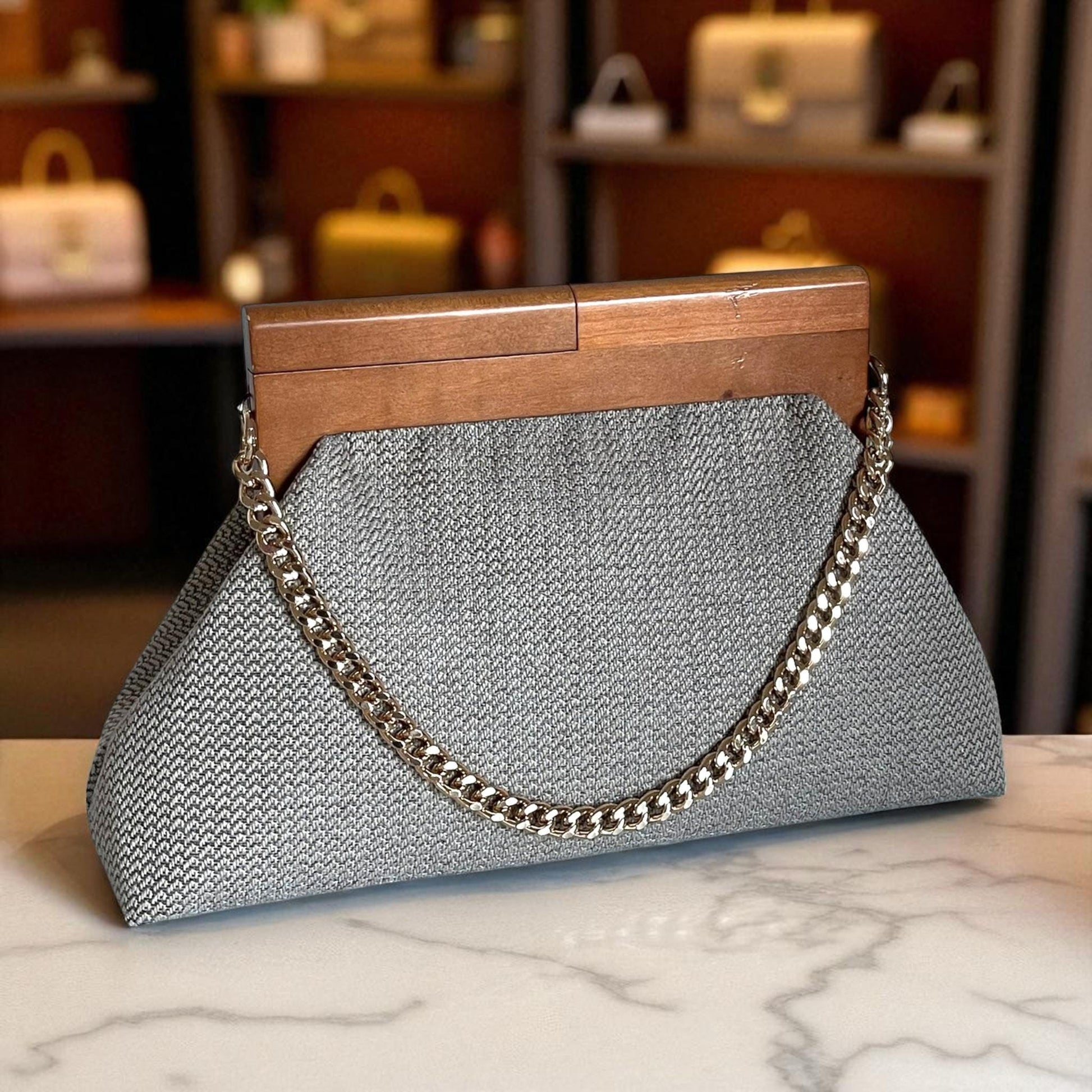 One of a Kind Oversized Handmade Geometric Gray Clutch with Wooden Handle & Beaded Chain – Modern Woven Evening Purse - Glam Duchess
