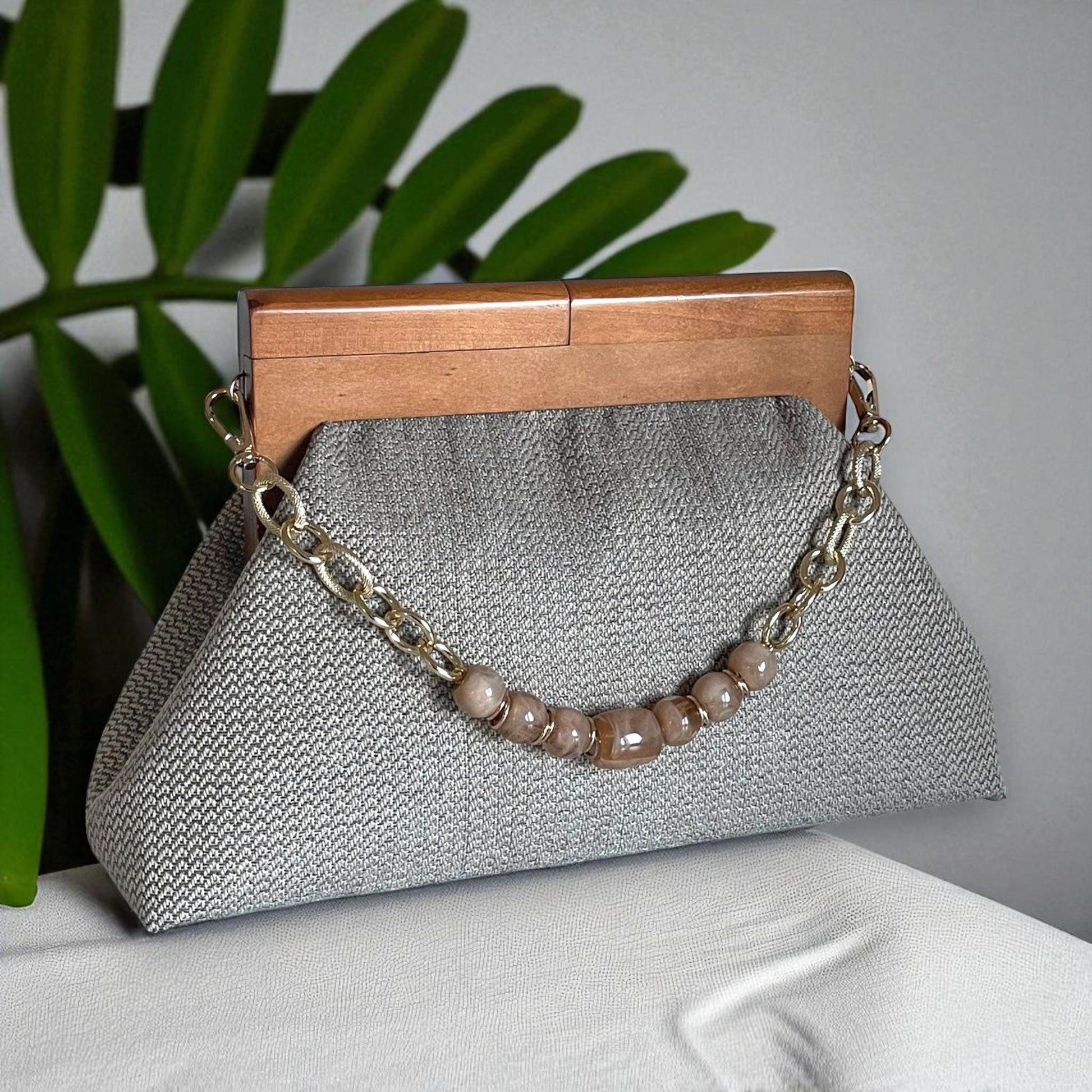 One of a Kind Oversized Handmade Geometric Gray Clutch with Wooden Handle & Beaded Chain – Modern Woven Evening Purse - Glam Duchess