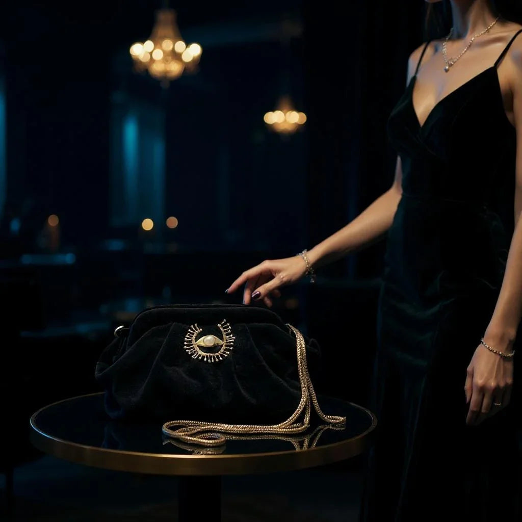 Black Velvet Evening Clutch with Gold Chain & Pearl Eye Brooch, Elegant Handmade Purse for Weddings, Parties, Evening Bag - Glam Duchess