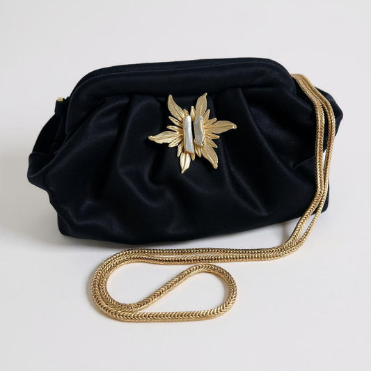 Black Velvet Evening Clutch with Gold Chain & Baroque Pearl Brooch โ Elegant Handmade Purse for Weddings, Formal Events โ - Glam Duchess