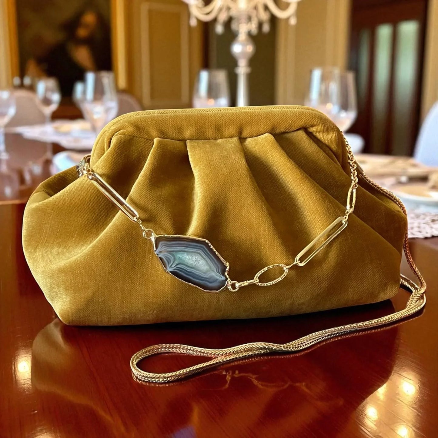 Mustard Velvet Clutch with Agate Stone & Gold Plated Chain, Handmade Boho Chic Evening Bag, Handmade Purse for Weddings - Glam Duchess
