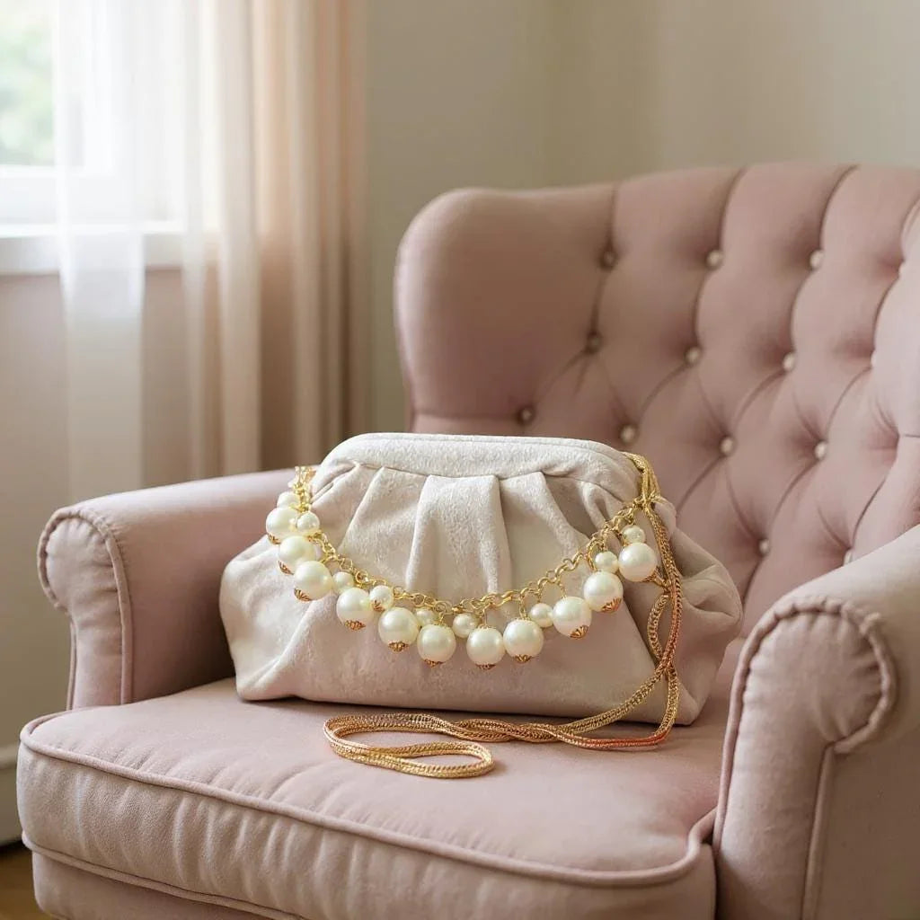 Ivory Velvet Clutch with Pearl Chain & Gold Strap, Elegant Bridal Evening Bag, Handmade Purse, Elegant Folded Bag - Glam Duchess