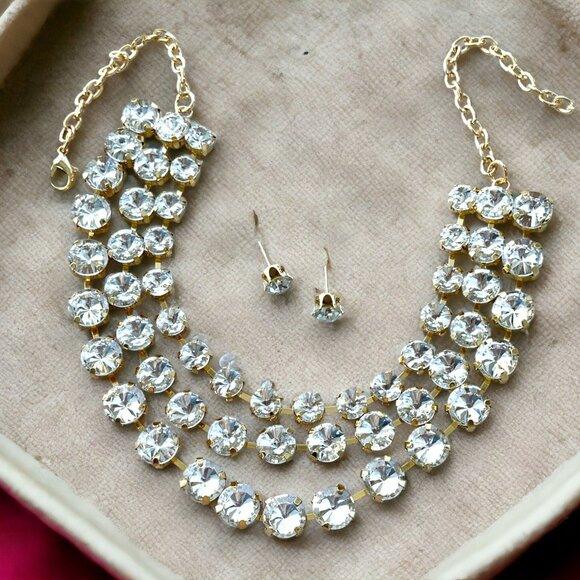 Triple Layer Crystal Statement Gold Rhinestone Necklace & Stud Earrings Set - Glam Duchess