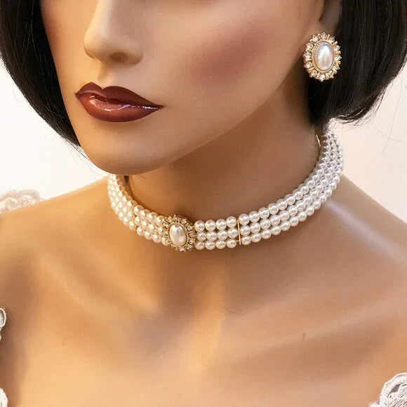 Unique Victorian Pearl choker necklace earrings Bracelet Jewelry Set, Wedding Jewelry Set - Glam Duchess