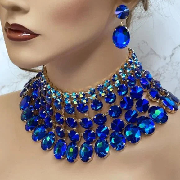 Chunky Blue Crystal Bib Necklace Statement Earrings Wedding Jewelry Set - Glam Duchess
