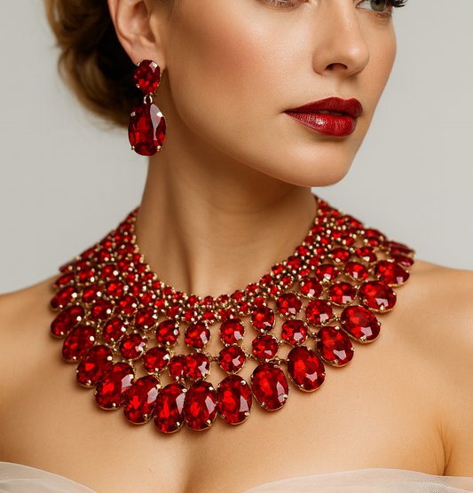 Chunky Red Crystal Bib Necklace Statement Earrings Wedding Jewelry Set - Glam Duchess