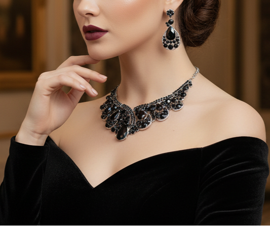 Luxury Black Crystal Statement Necklace & Earrings Set – Evening & Formal Jewelry - Glam Duchess