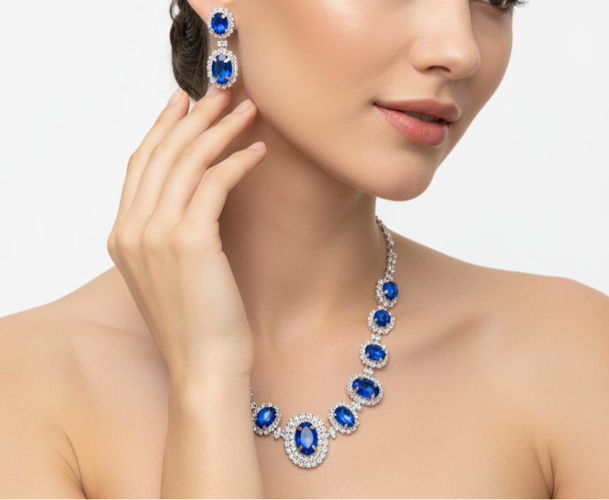 Royal Blue Rhinestone Necklace and Earring Set - Glam Duchess