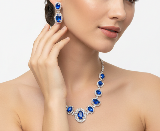 Royal Blue Rhinestone Necklace and Earring Set - Glam Duchess