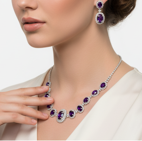 Purple Rhinestone Necklace and Earring Set - Glam Duchess