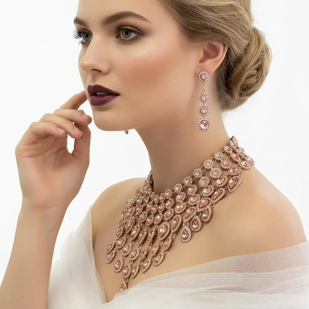 Rose Gold Statement Necklace – Chunky Jewelry Set With Turquoise Crystals & Long Drop Earrings by Glam Duchess (luxury-chunky-turquoise-statement-necklace-earrings-set-copy)