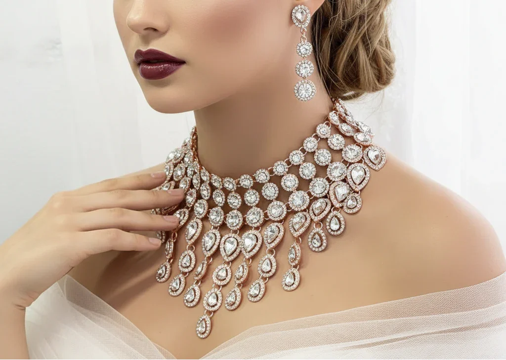 Luxury Chunky Rose Gold Statement Necklace Earrings Set – Glam