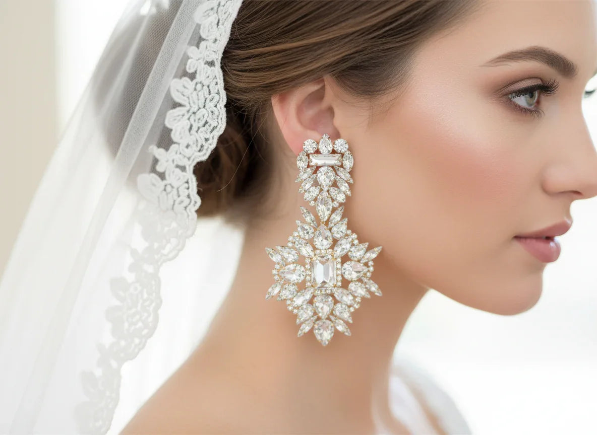 Chunky Wedding Earrings – Lightweight Bridal Statement Chandelier Earrings in Silver Gold
