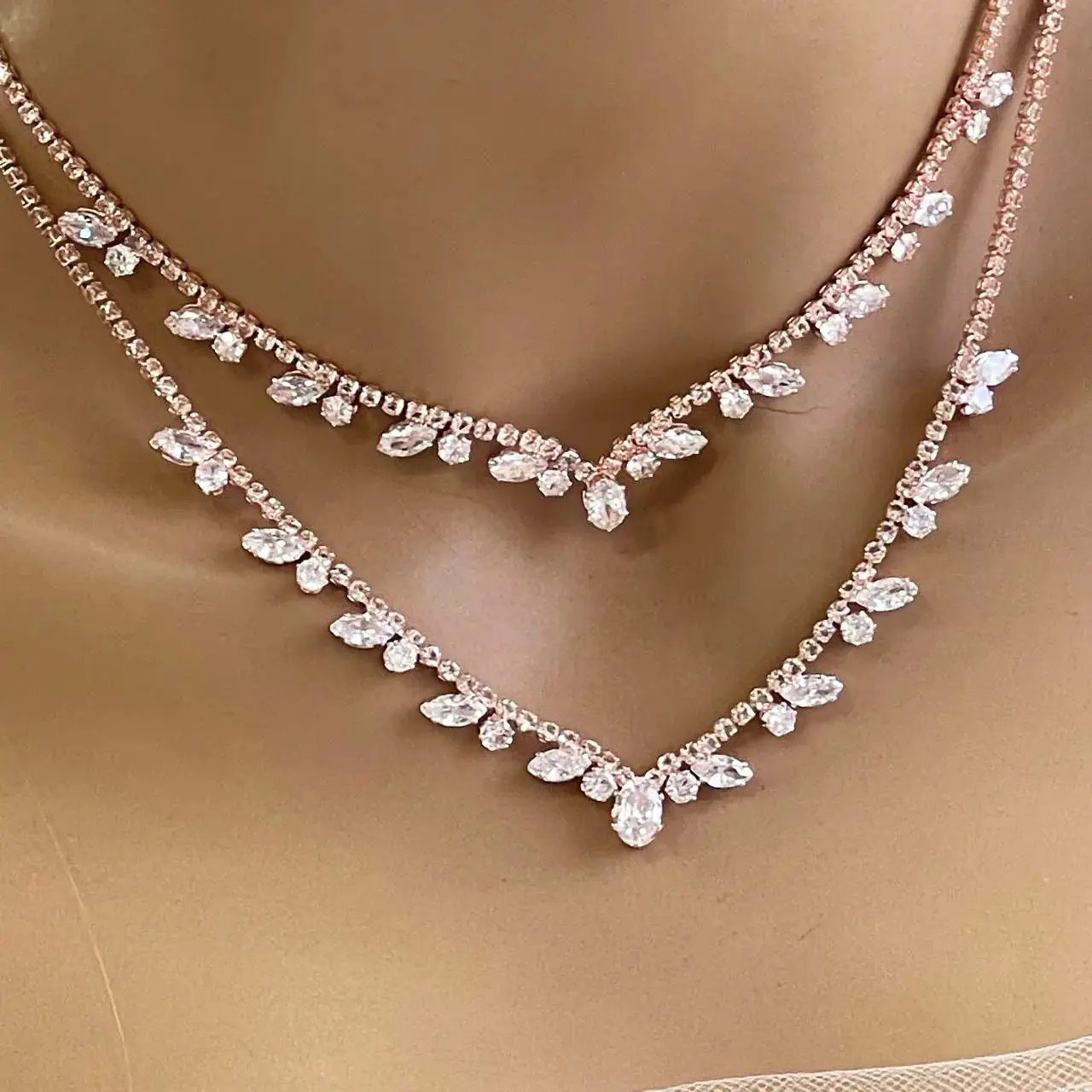 Cubic Zirconia Double Layer Bridal Necklace, Leaf Design Wedding Necklace, Elegant Bridal Jewelry by Glam Duchess (unique-cubic-zircon-layered-necklace)