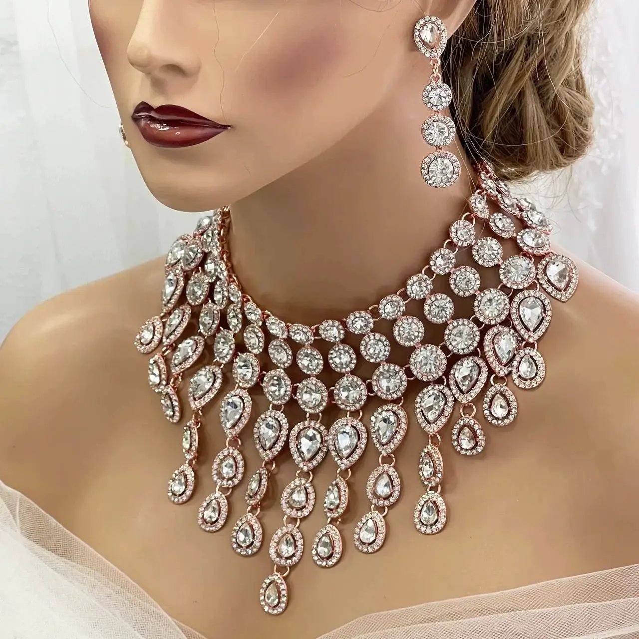 Rose Gold Statement Necklace | Chunky Jewelry Set With Turquoise Crystals & Matching Earrings by Glam Duchess (luxury-chunky-rose-gold-statement-necklace-earrings-set-copy)