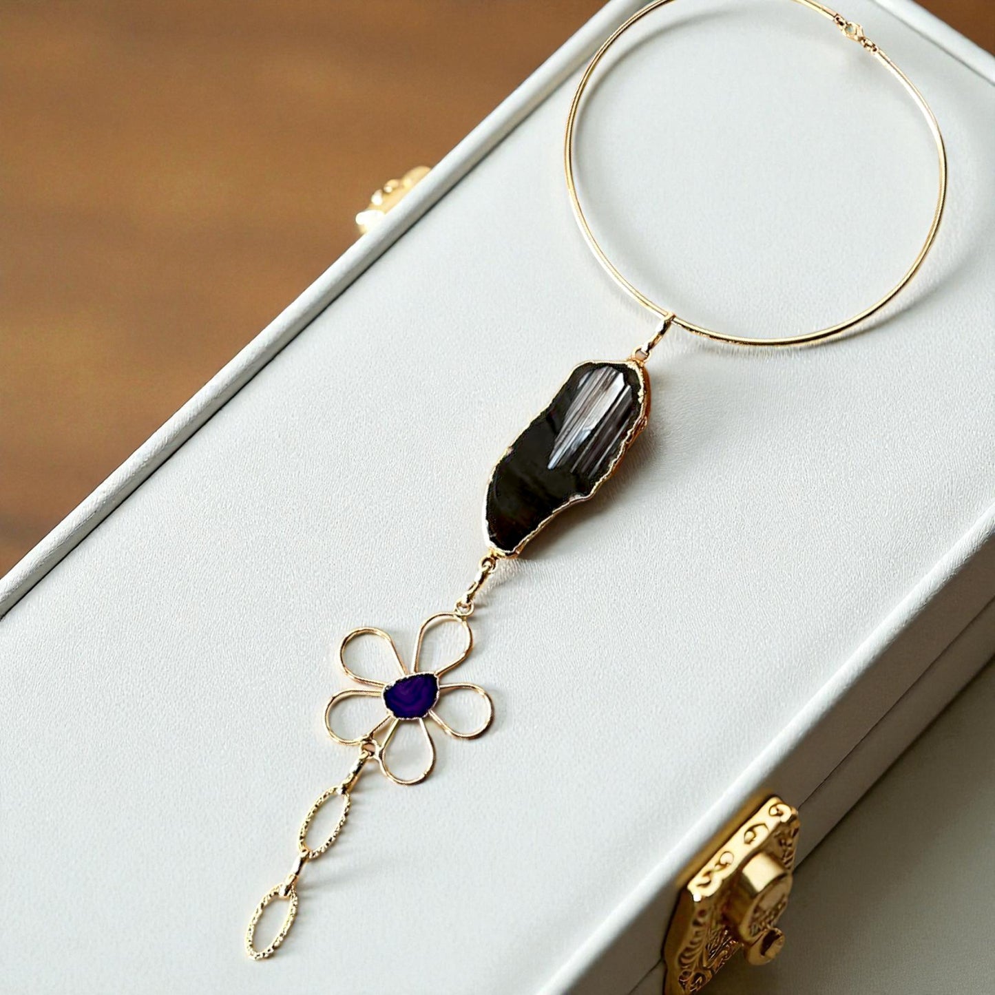 Handmade Gold-Plated Statement Choker Necklace with Natural Black Stone & Amethyst Flower – One of a Kind