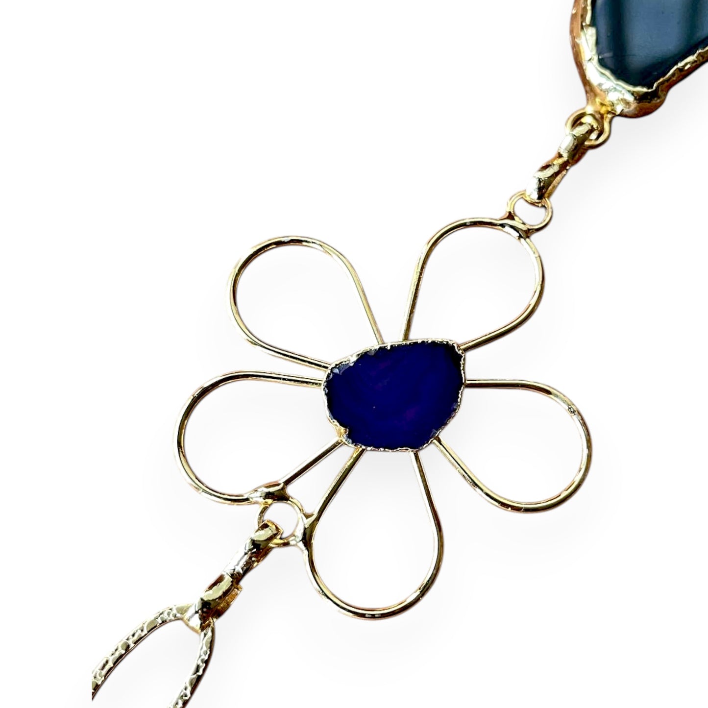 Handmade Gold-Plated Statement Choker Necklace with Natural Black Stone & Amethyst Flower – One of a Kind