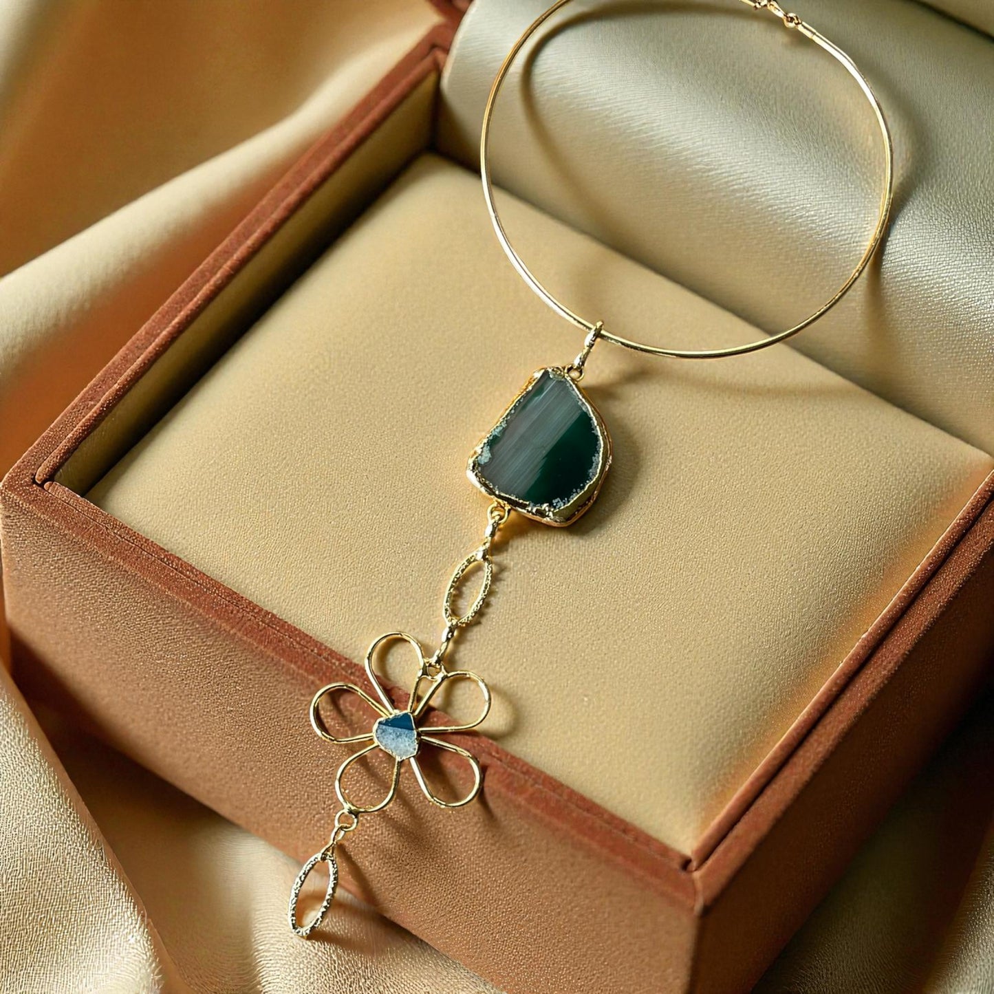 Handmade Gold-Plated Statement Choker Necklace with Natural Green Stone – One of a Kind