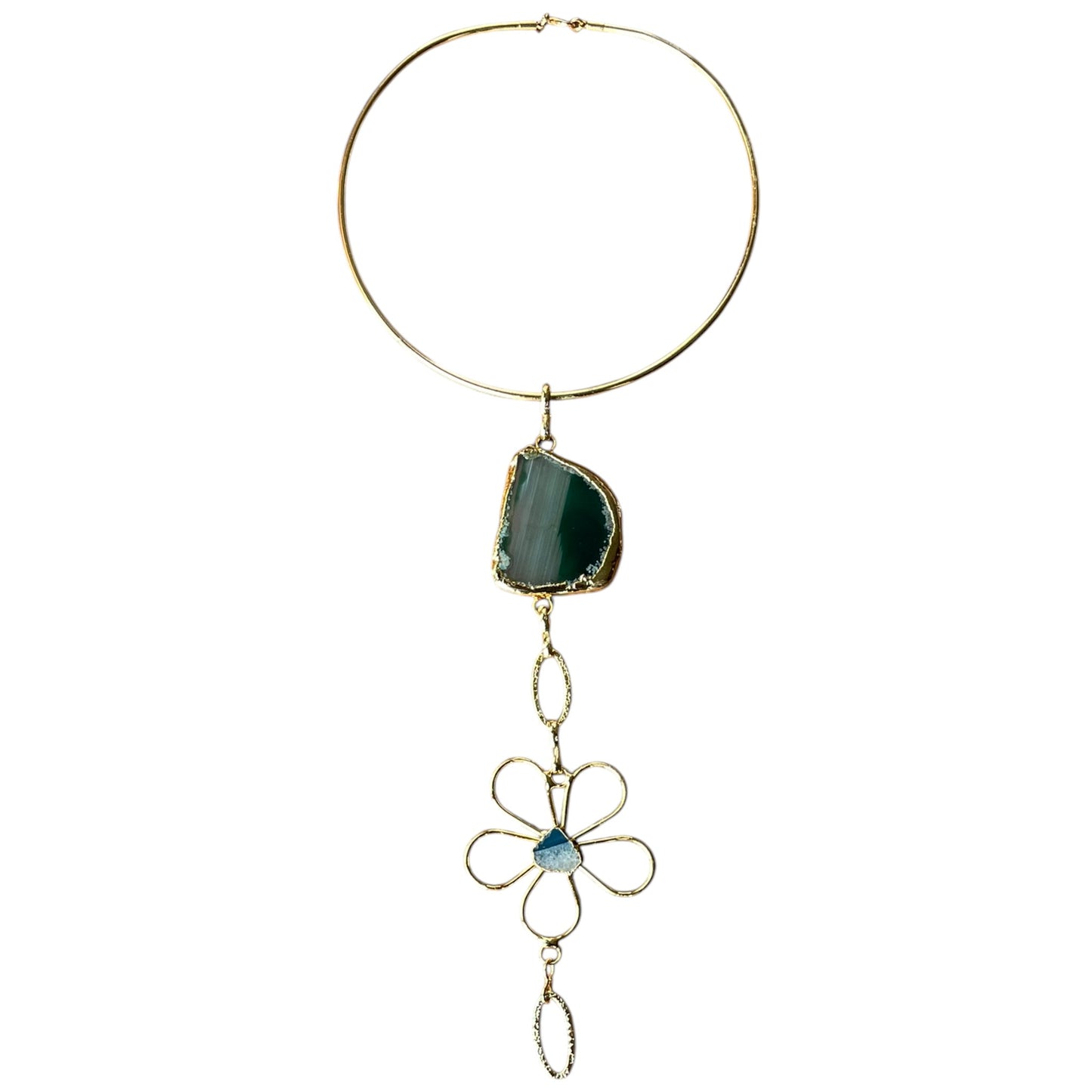 Handmade Gold-Plated Statement Choker Necklace with Natural Green Stone – One of a Kind