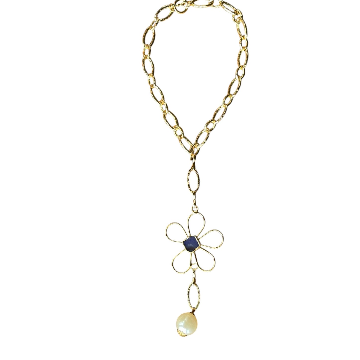 Handmade Gold Plated Flower Necklace with Blue Stone & Pearl Drop โ Elegant Statement Jewelry