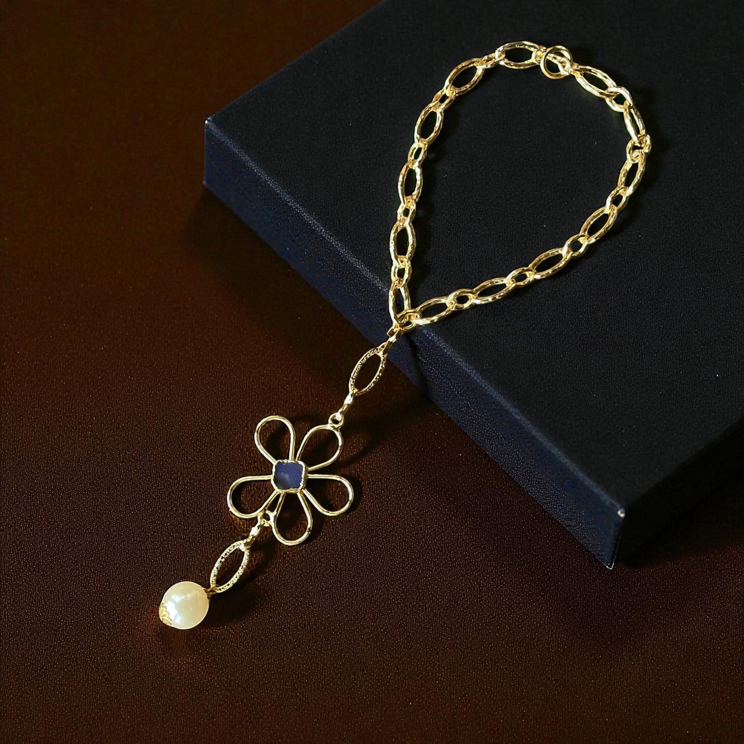 Handmade Gold Plated Flower Necklace with Blue Stone & Pearl Drop โ Elegant Statement Jewelry