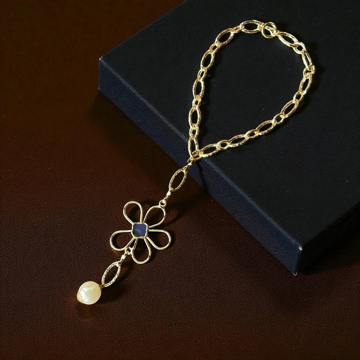 Gold Flower Necklace Handmade – Elegant Floral Design with Blue Stone & Pearl Drop