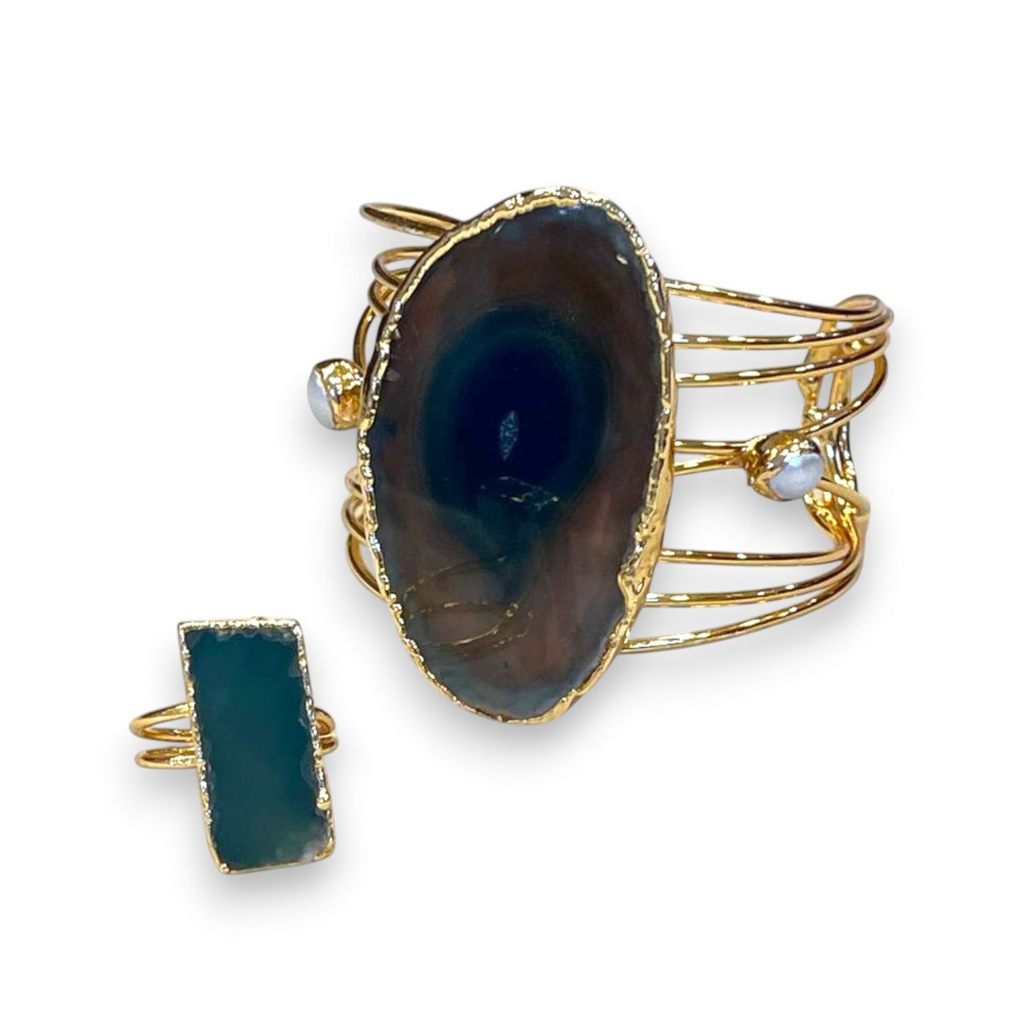 Handmade Gold Plated Agate Cuff & Ring Set | Modern Statement Jewelry