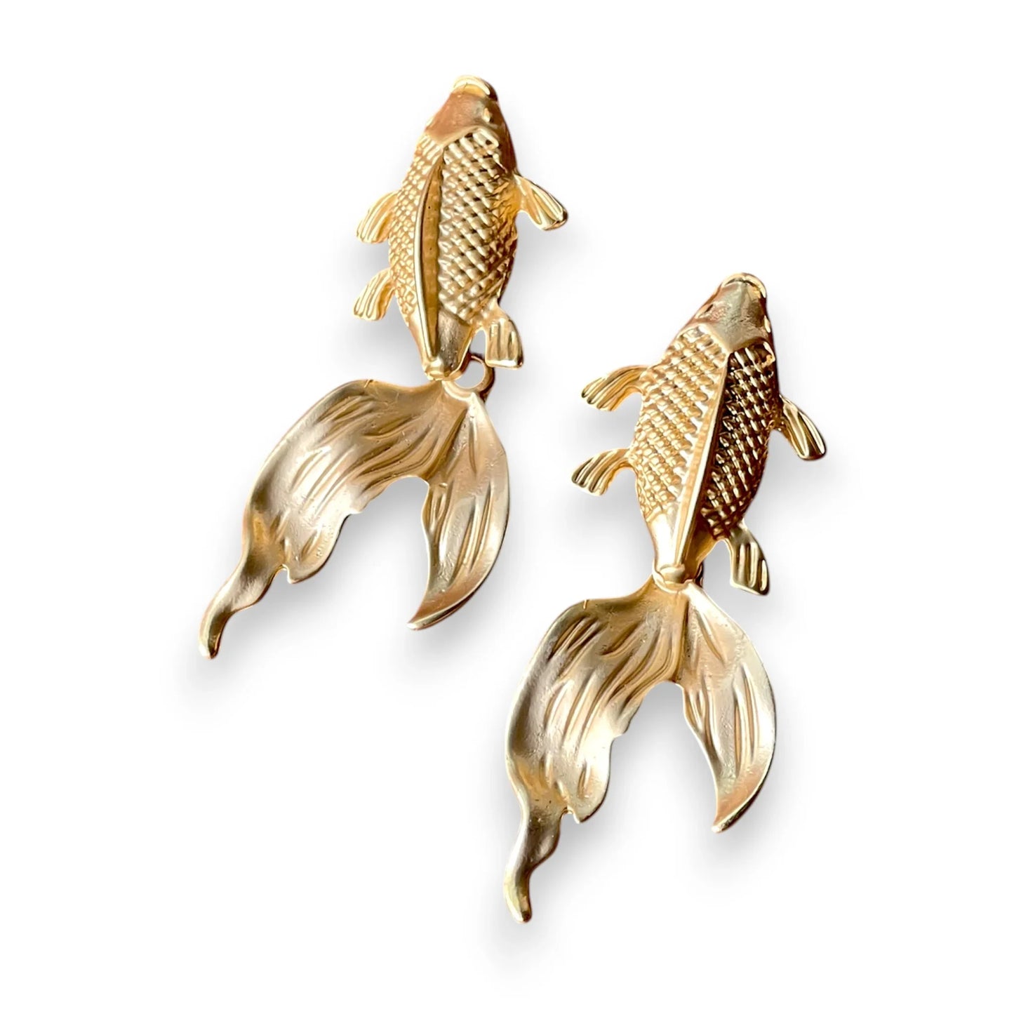 Gold Koi Fish Earrings โ Artistic Gold Plated Statement Earrings, 7cm Drop by Glam Duchess (gold-plated-koi-fish-statement-earrings-made-in-turkiye)