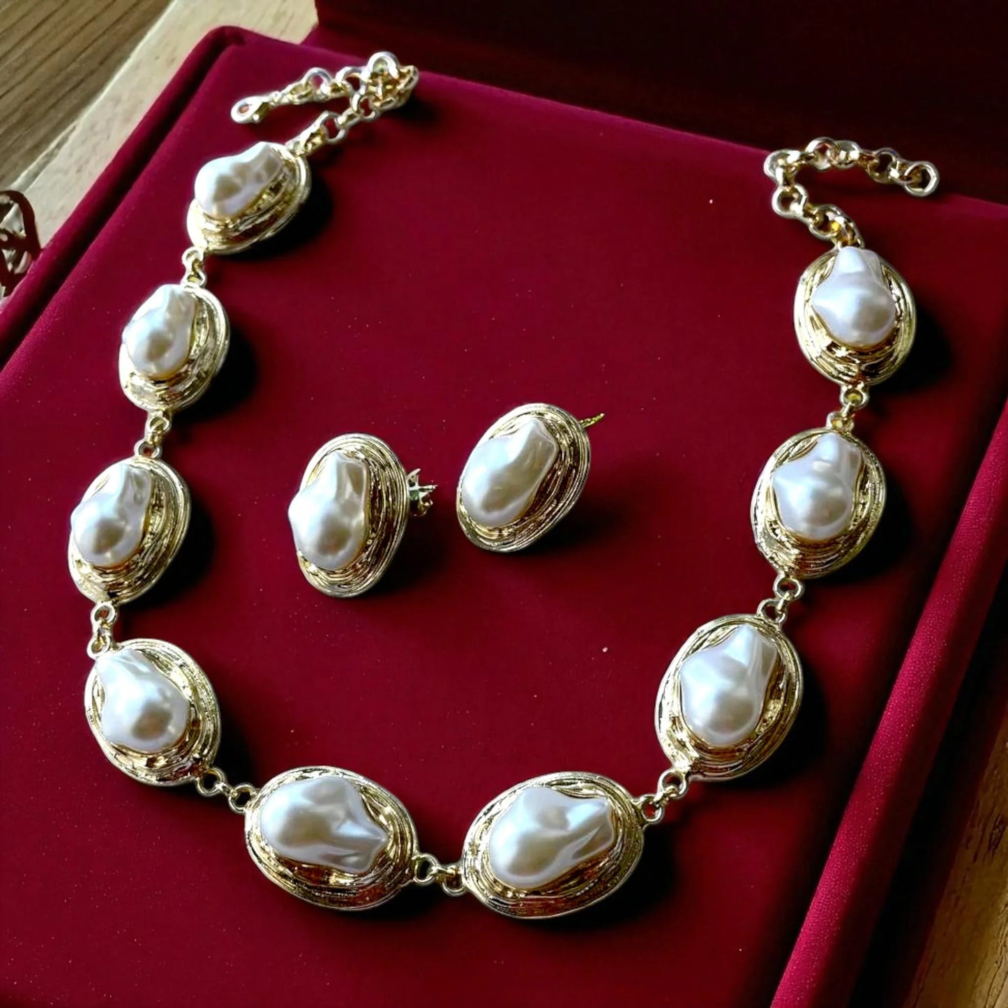 Handmade Gold Plated Baroque Pearl Necklace Statement & Earrings Set - Glam Duchess