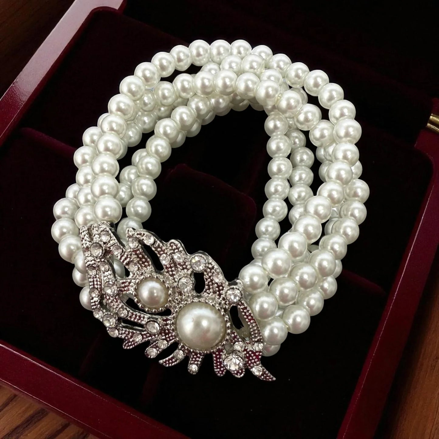 Elegant Multi-Strand Pearl with Crystal-Embellished Stretchable Bracelet - Glam Duchess