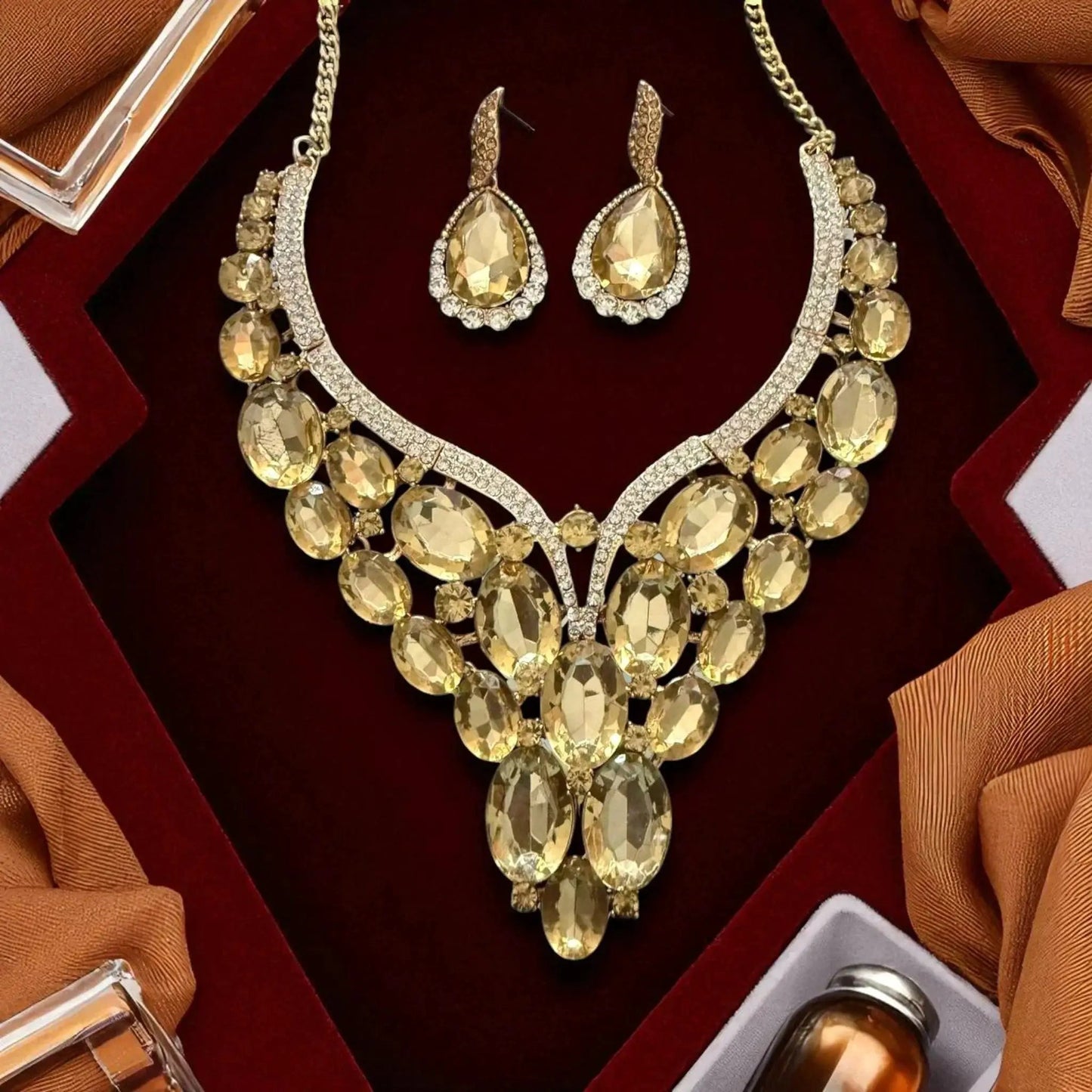 Golden Crystal Necklace - Statement Bridal Jewelry Set | Teardrop Earrings & Adjustable Length by Glam Duchess (luxury-crystal-statement-necklace-earring-set-wedding-jewelry-set-copy)