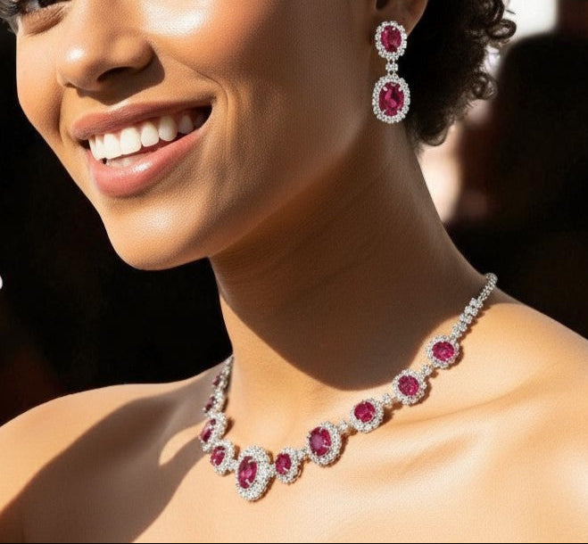 Hot Pink Fuchsia Rhinestone Necklace and Earring Set - Glam Duchess