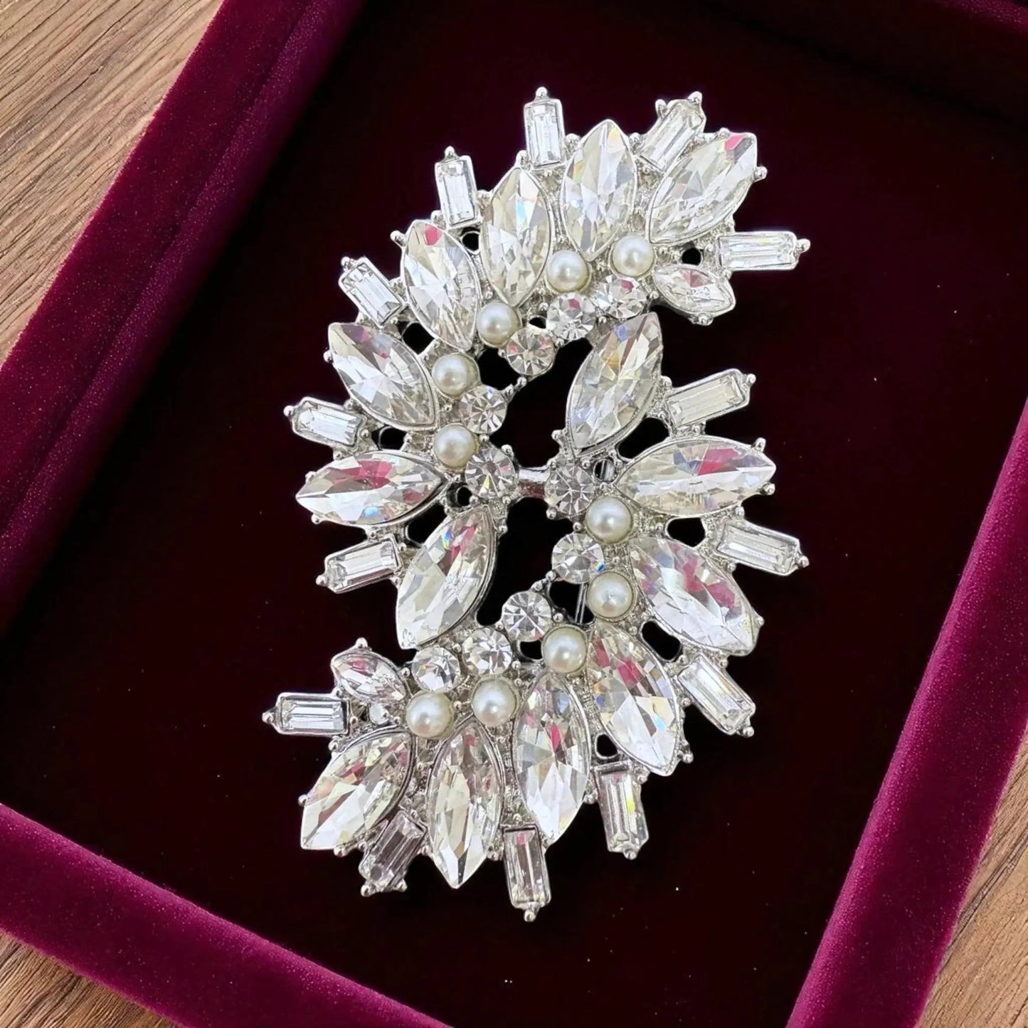 Crystal Pearl Brooch – Luxury Statement Pin With Wreath Design, 3 Inch Silver-Tone by Glam Duchess (elegant-crystal-paisley-statement-brooch-3-inch-rhinestone-pin)
