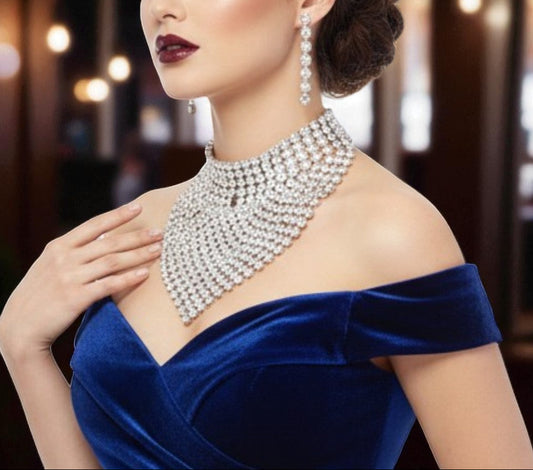 Chunky Luxury Statement Rhinestone Choker Necklace & Long Drop Earrings Set - Glam Duchess