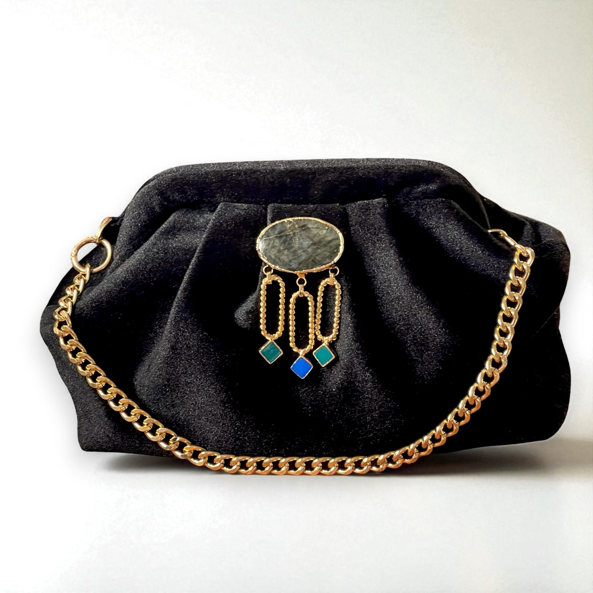 Velvet Black Evening Clutch with Gold Chain & Gemstone Accent - Glam Duchess