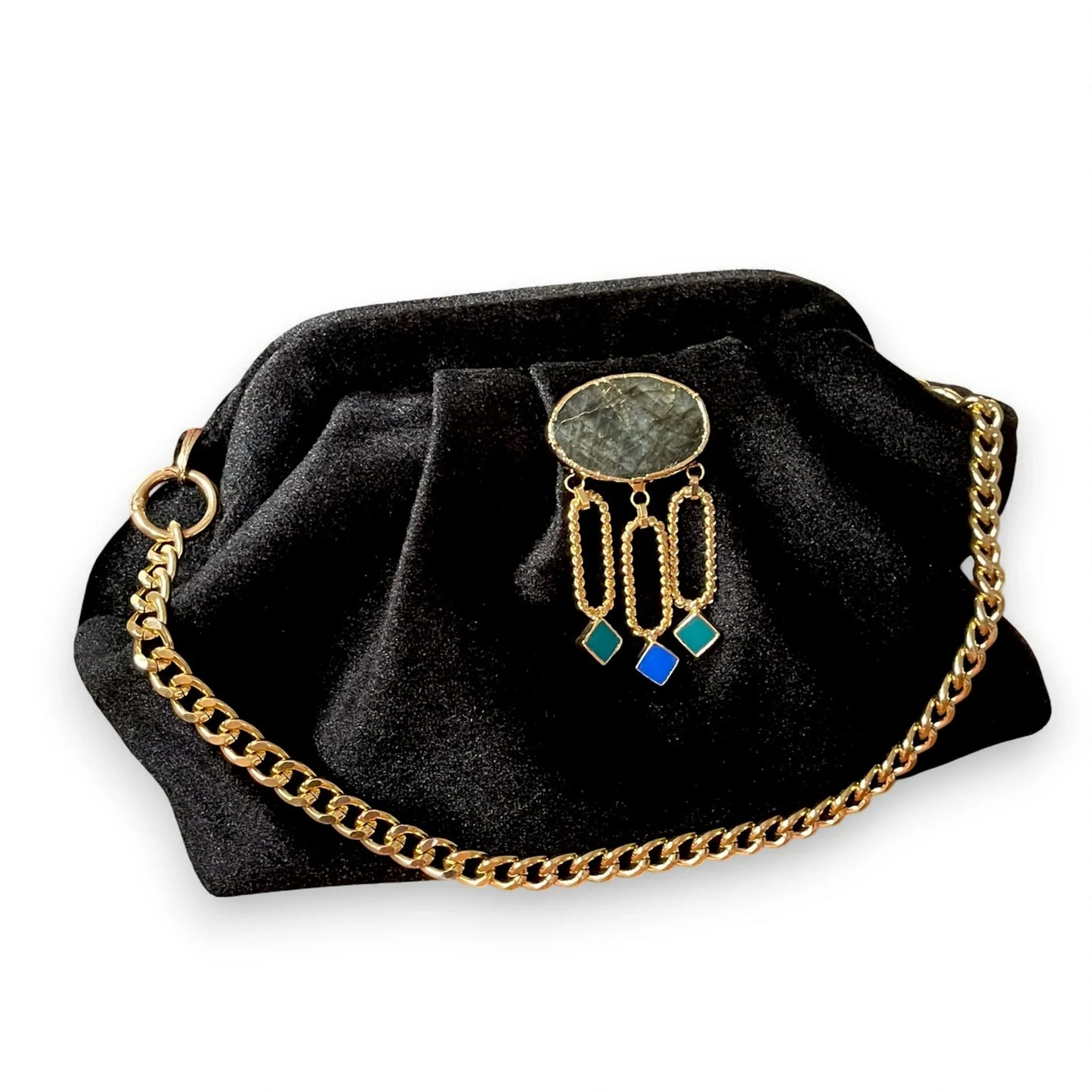 Velvet Black Evening Clutch with Gold Chain & Gemstone Accent - Glam Duchess