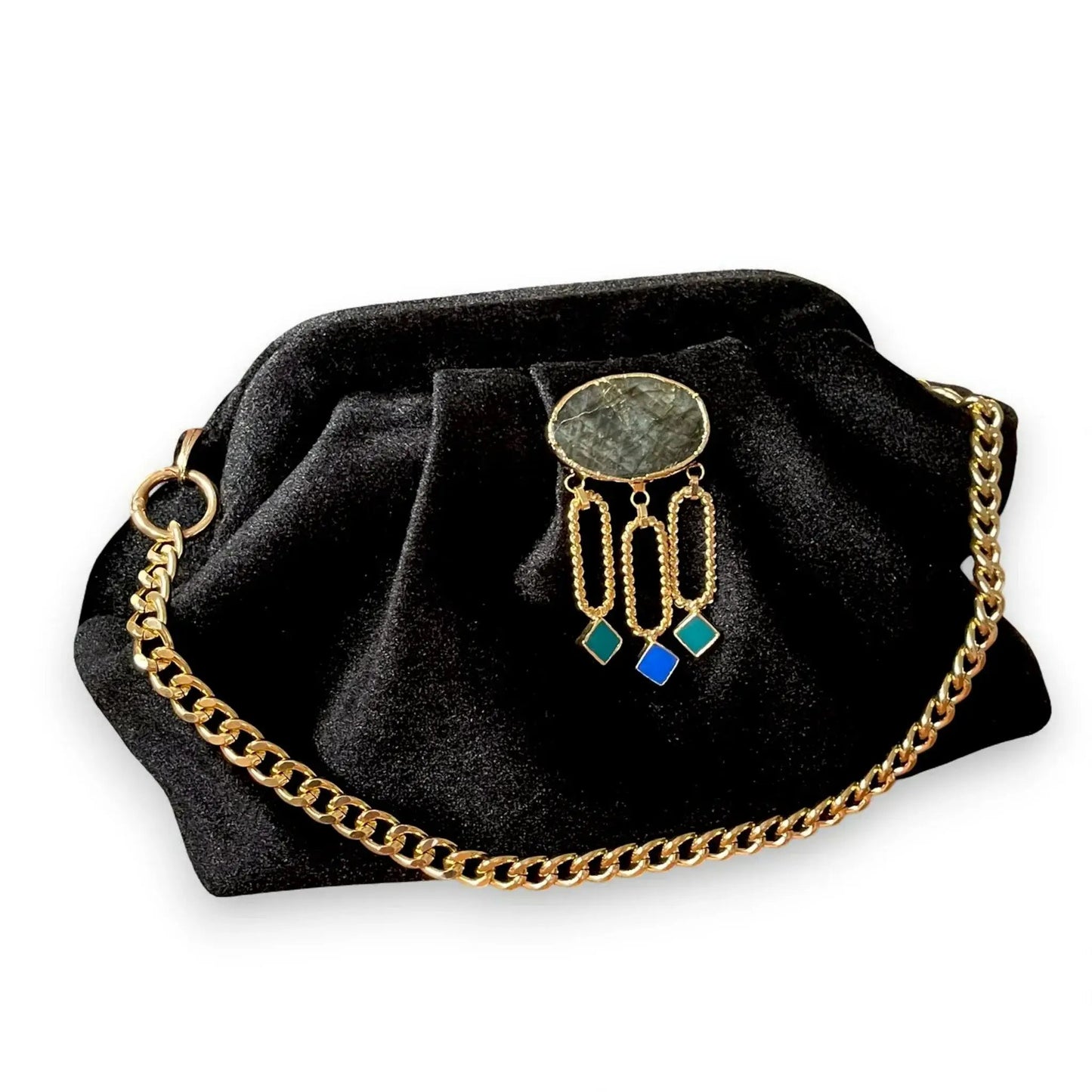 Black Velvet Clutch โ Elegant Evening Bag with Gold Chain & Gemstone Accent by Glam Duchess (velvet-black-evening-clutch-with-gold-chain-gemstone-accent-1)
