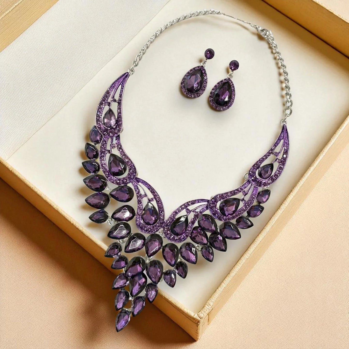 Luxury Statement Purple Gemstone Necklace & Earrings Set – Elegant Evening Jewelry - Glam Duchess