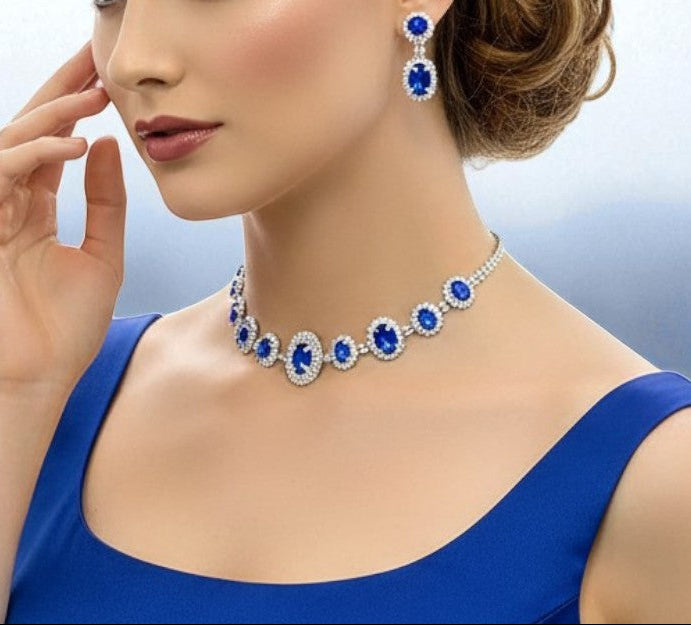 Royal Blue Rhinestone Necklace and Earring Set - Glam Duchess