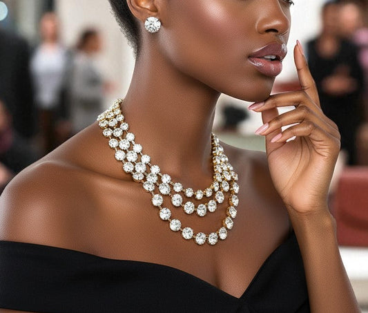 Triple Layer Crystal Statement Gold Rhinestone Necklace & Stud Earrings Set - Glam Duchess