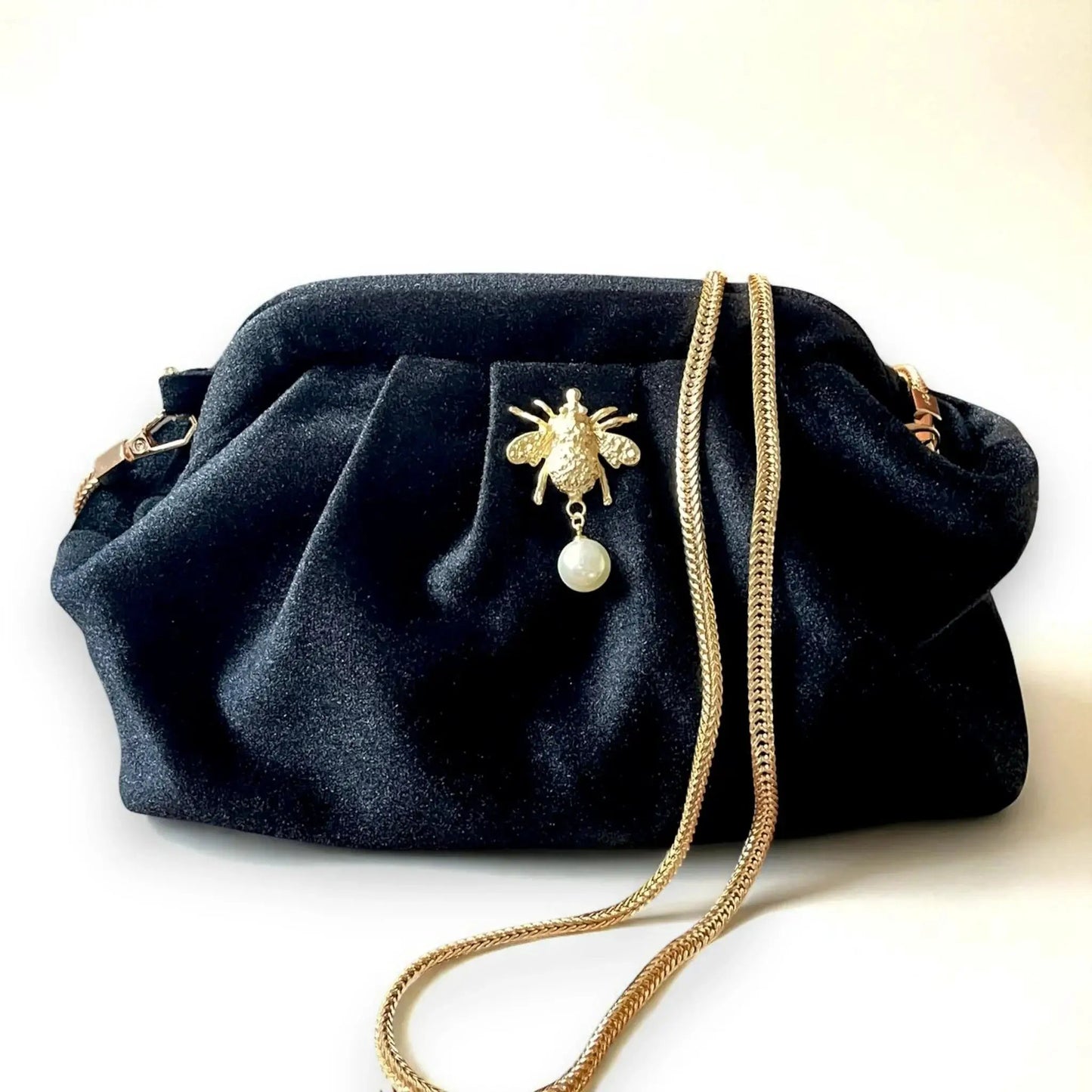 Black Velvet Clutch | Gold Bee Embellishment & Pearl Accent | Chain Strap Bag by Glam Duchess (black-velvet-clutch-with-gold-fish-accent-chain-strap-copy)