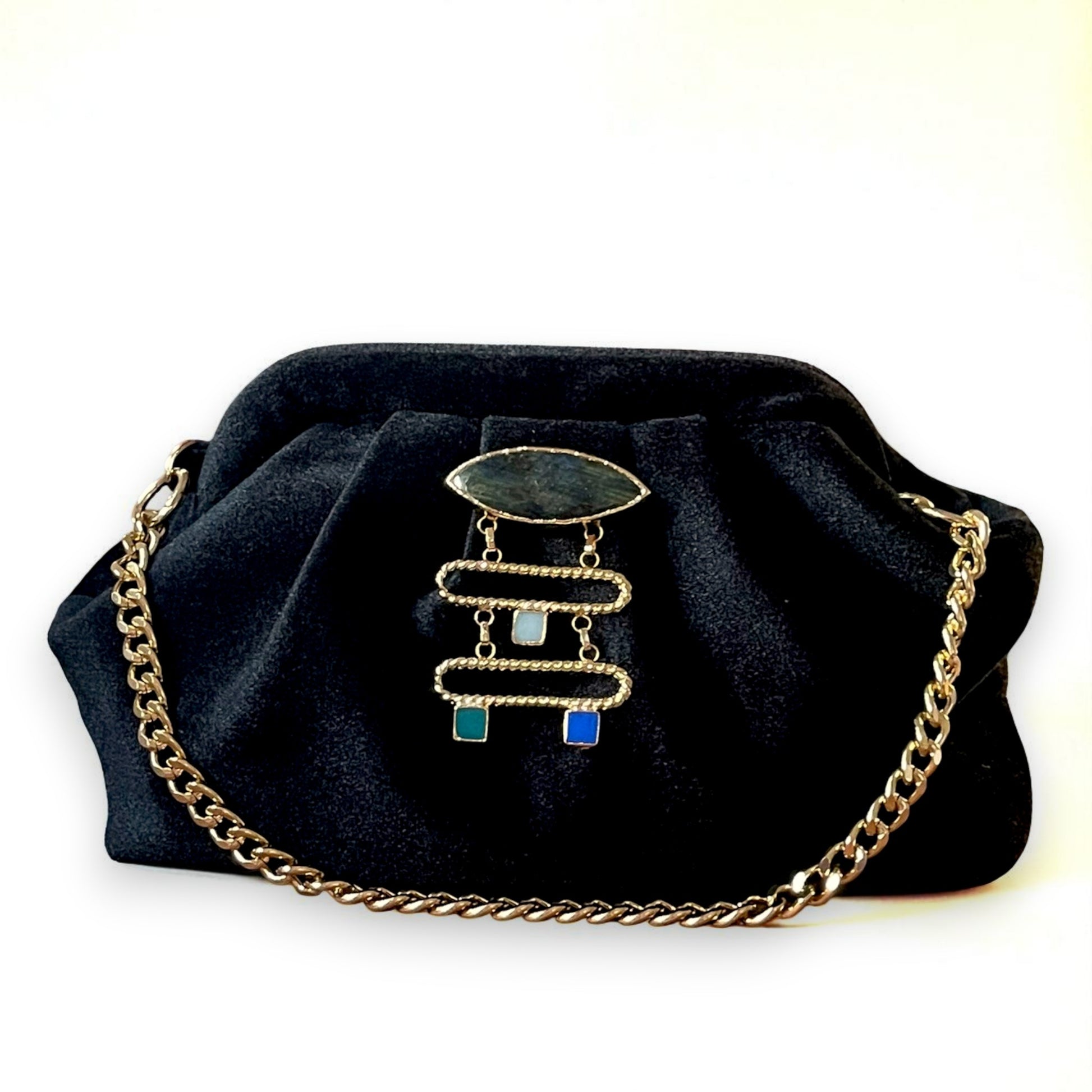 Velvet Black Evening Clutch with Gold Chain & Gemstone Accent - Glam Duchess
