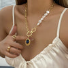 Blue Crystal Pendant Choker Pearl Necklace with a Long Chain